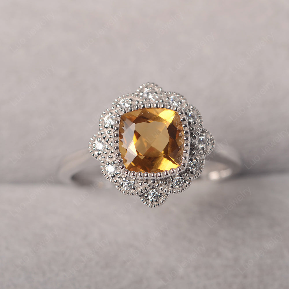 Sterling 14K Citrine sale Ring. Cushion Cut Bezel Set Golden Yellow Quartz Gemstone Ring. November Birthstone.