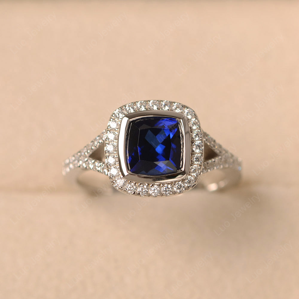 Cushion Cut Lab Sapphire Halo Bezel Set Ring | LUO