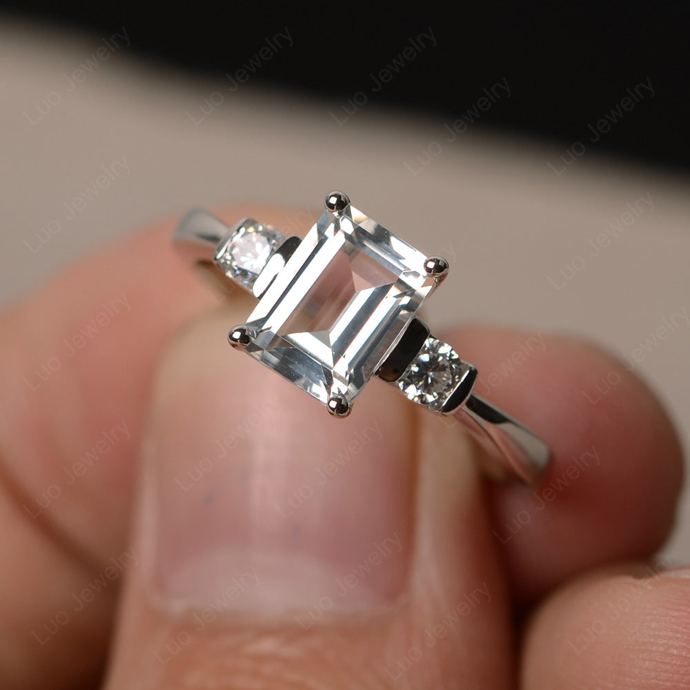 Vintage White Topaz Three Stone shops Engagement Ring Solid Silver Emerald Cut Mothers Ring November Birthstone