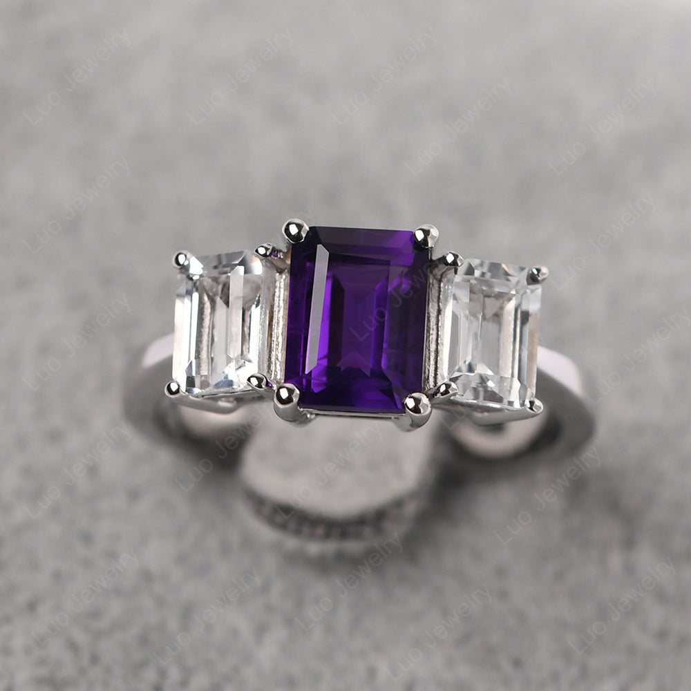 Amethyst Three Stone Emerald Cut Engagement Ring | LUO