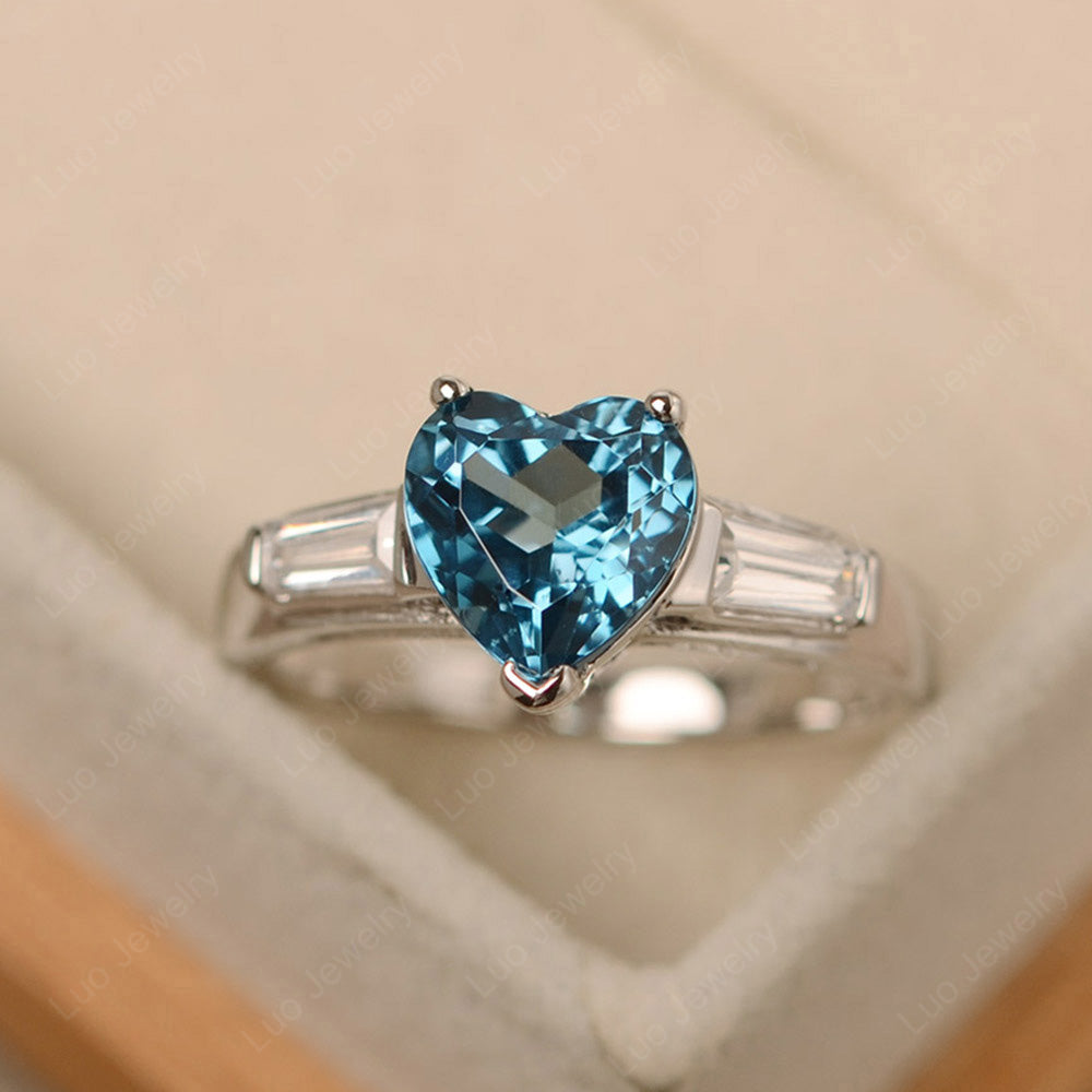 Heart Shaped London Blue Topaz Ring with Baguette | LUO