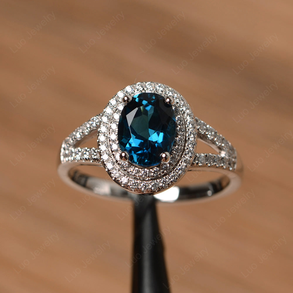 London blue topaz ring, oval cut, halo ring, sterling online silver, engagement ring for women