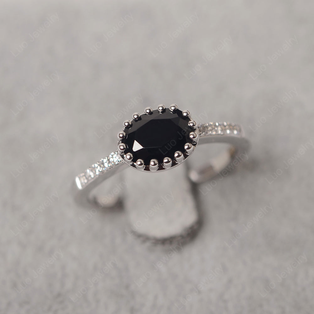 Oval cut outlet black spinel statement ring 14k gold black stone ring with cluster side stone