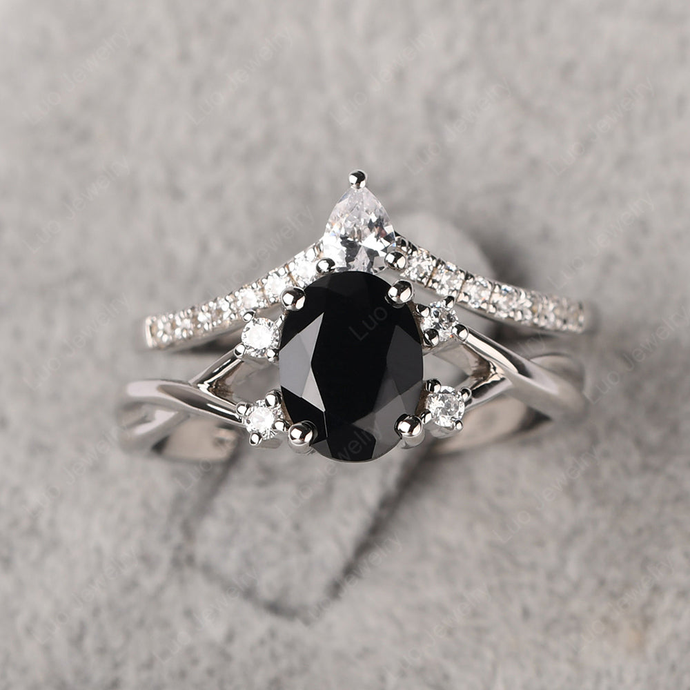 Split Shank Black Stone Ring with Wedding Band, 14K Rose Gold