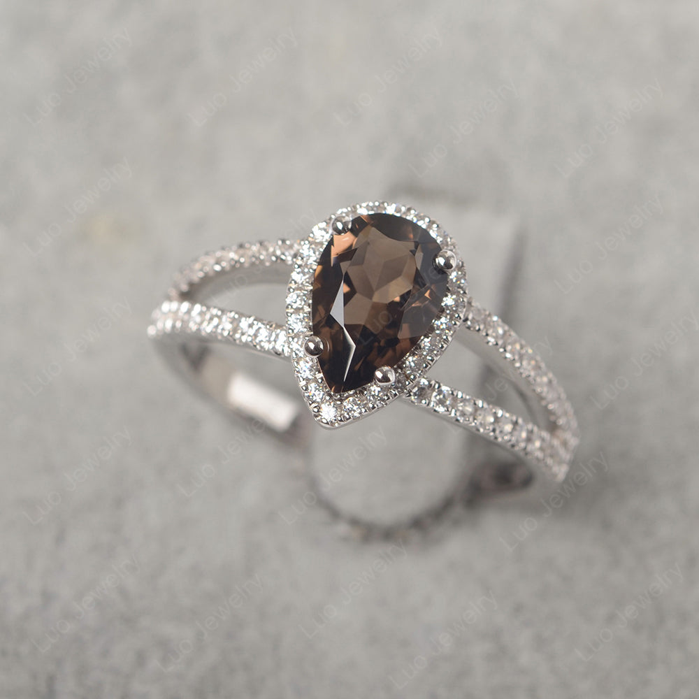 Pear Shaped Smoky Quartz Halo Split Shank Engagement Ring | LUO