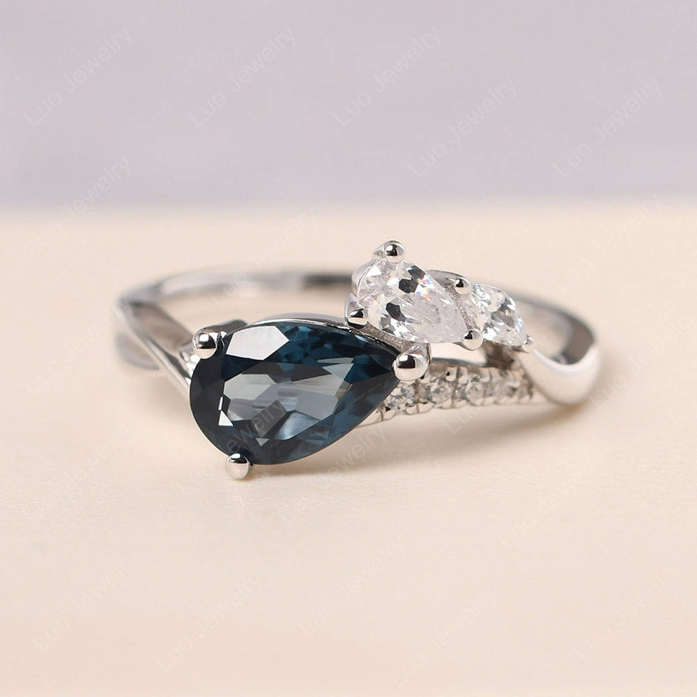 Pear Shaped Horizontal London Blue Topaz Ring | LUO