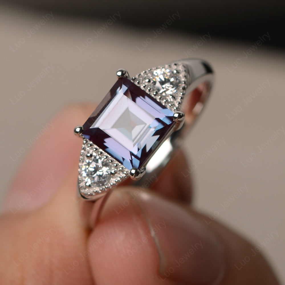 Minimalist alexandrite ring sterling silver asscher on sale cut June birthstone ring engagement ring