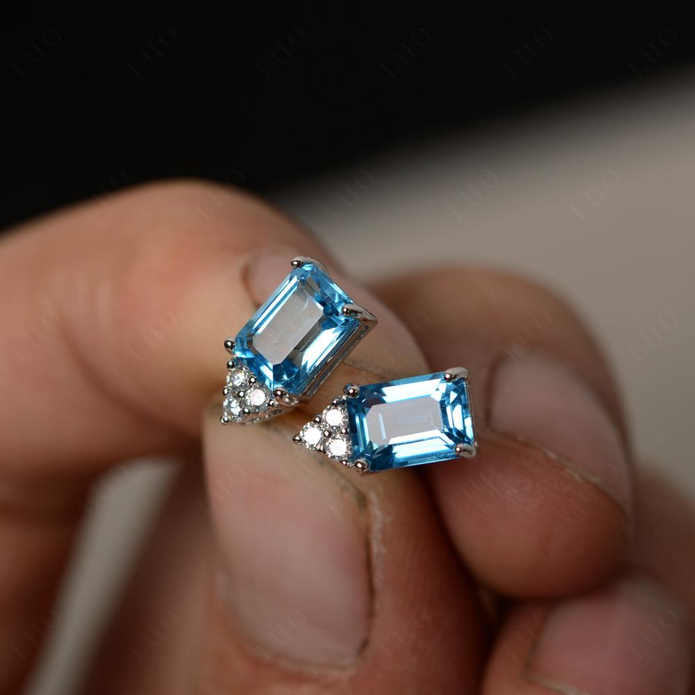 Emerald Cut Swiss Blue Topaz Stud Earrings - LUO Jewelry 