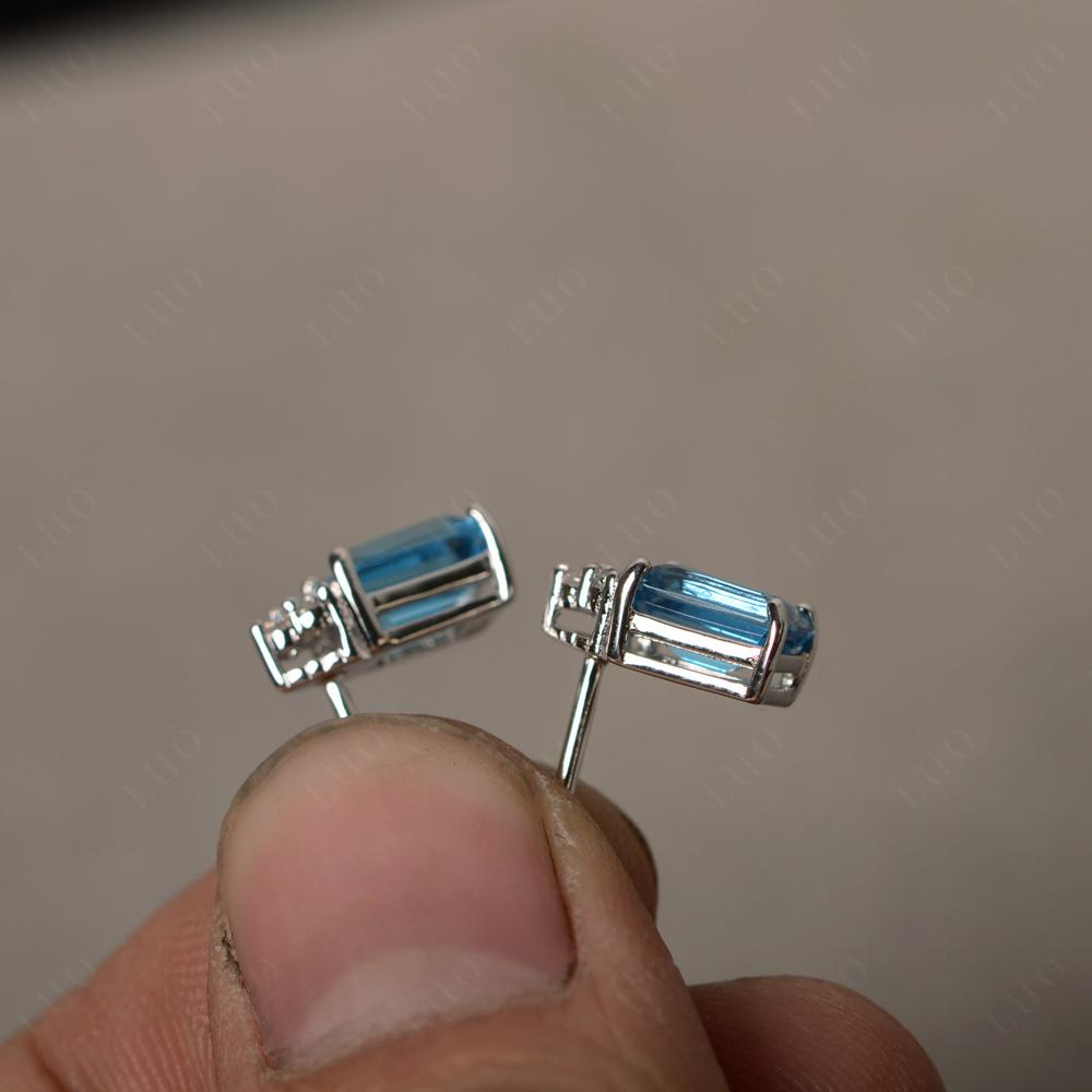 Emerald Cut Swiss Blue Topaz Stud Earrings - LUO Jewelry 