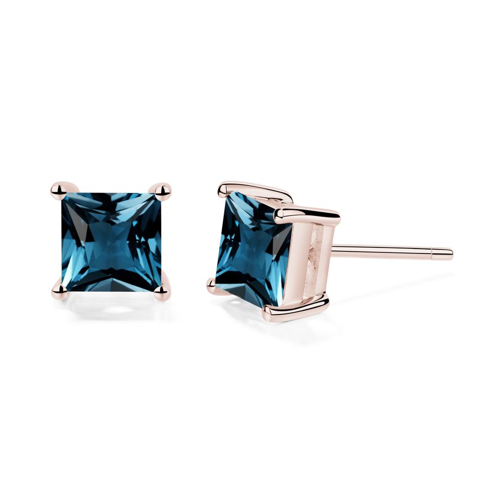 Princess Cut London Blue Topaz Stud Earrings - LUO Jewelry #metal_14k rose gold