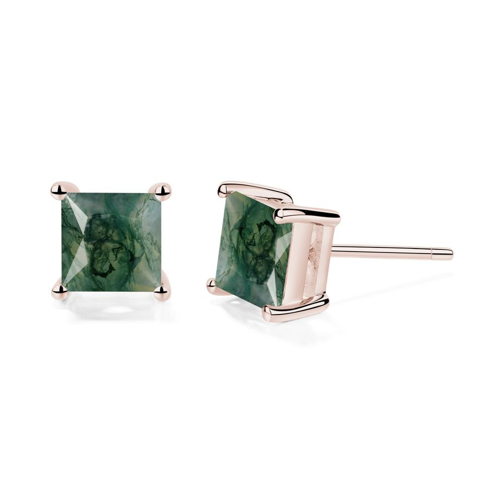 Princess Cut Moss Agate Stud Earrings - LUO Jewelry #metal_14k rose gold