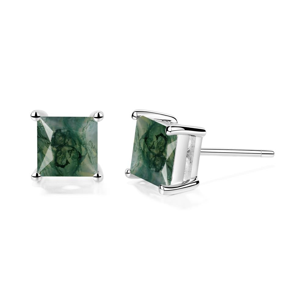 Princess Cut Moss Agate Stud Earrings - LUO Jewelry #metal_14k white gold