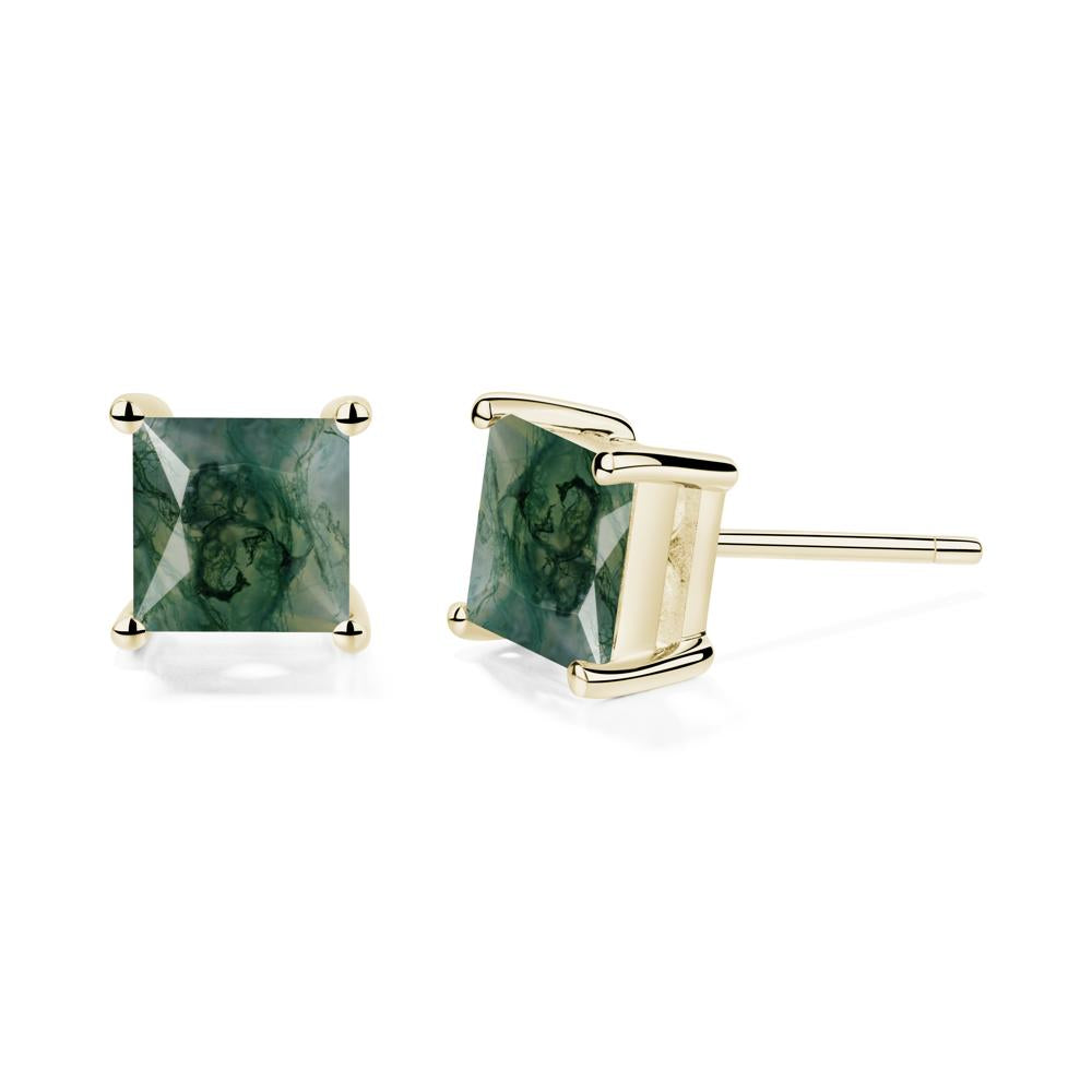 Princess Cut Moss Agate Stud Earrings - LUO Jewelry #metal_14k yellow gold