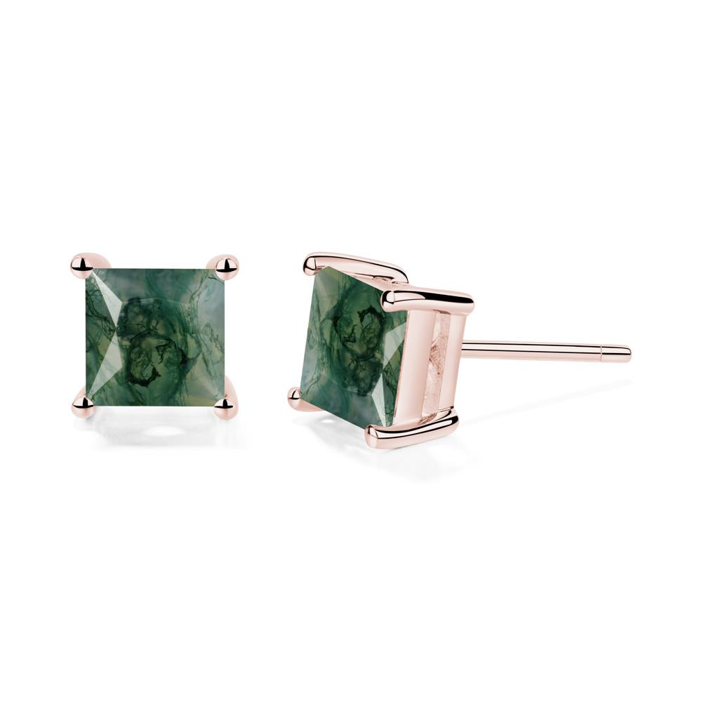 Princess Cut Moss Agate Stud Earrings - LUO Jewelry #metal_18k rose gold