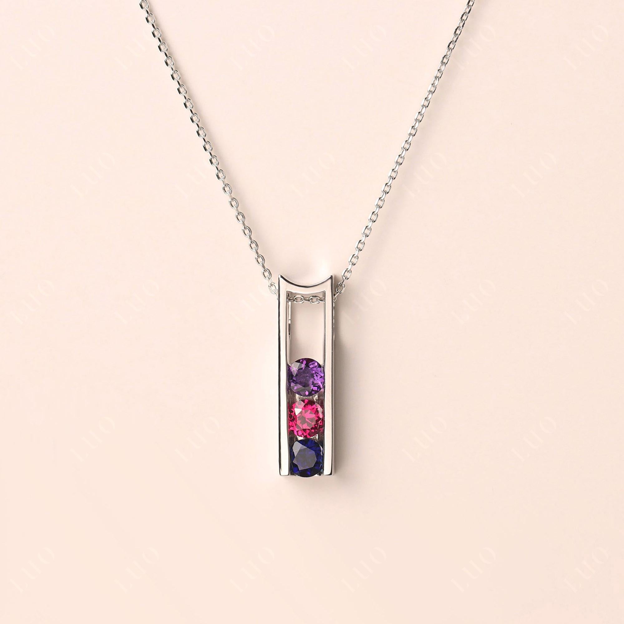 Amethyst and Ruby and Sapphire 3 Stones Mothers Necklace