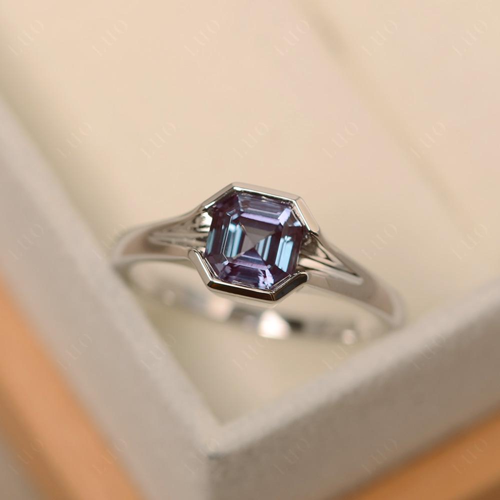 Asscher buy cut alexandrite kite setting engagement ring unique hollow-out ring June birthstone