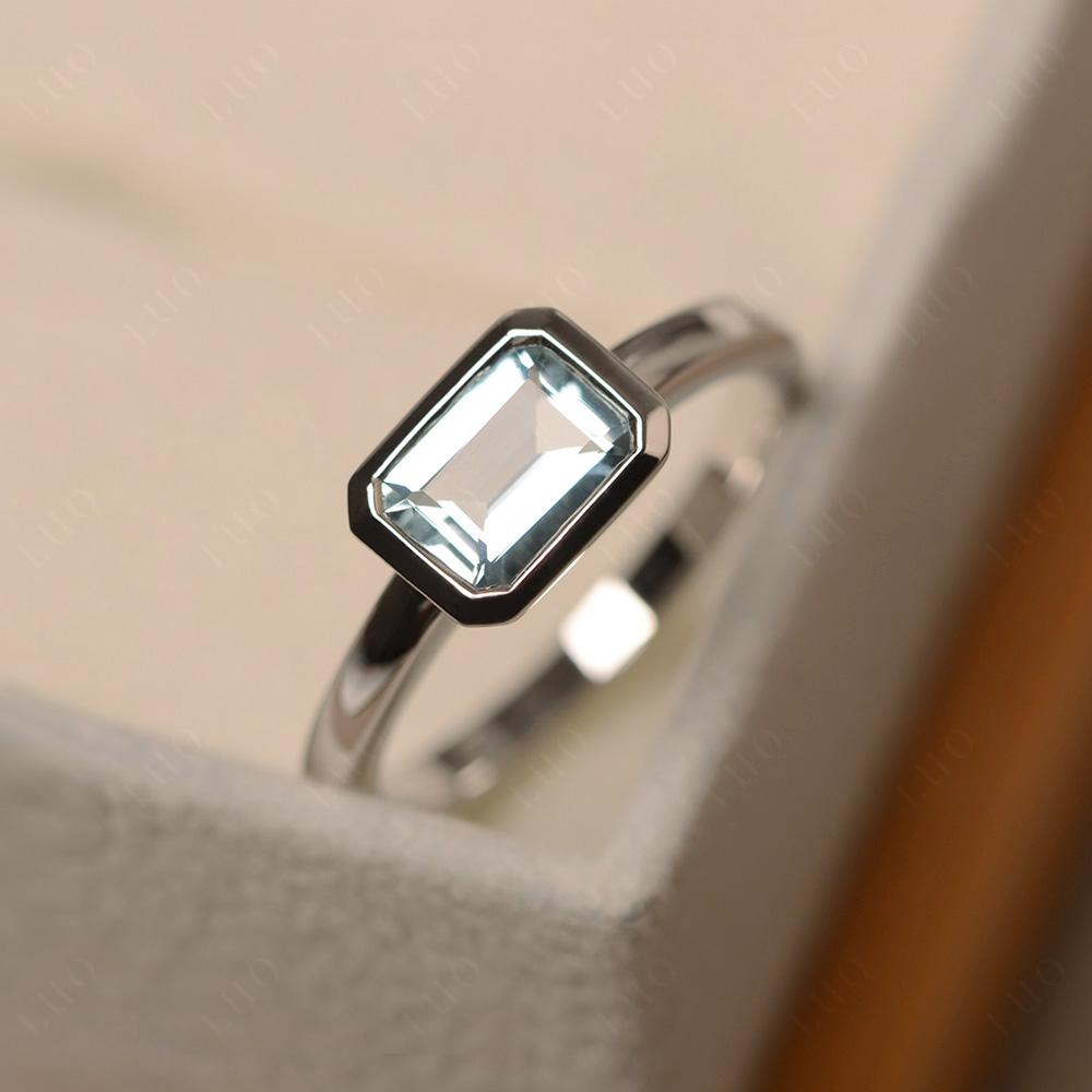 East West Emerald Cut Aquamarine Bezel Ring - LUO Jewelry 