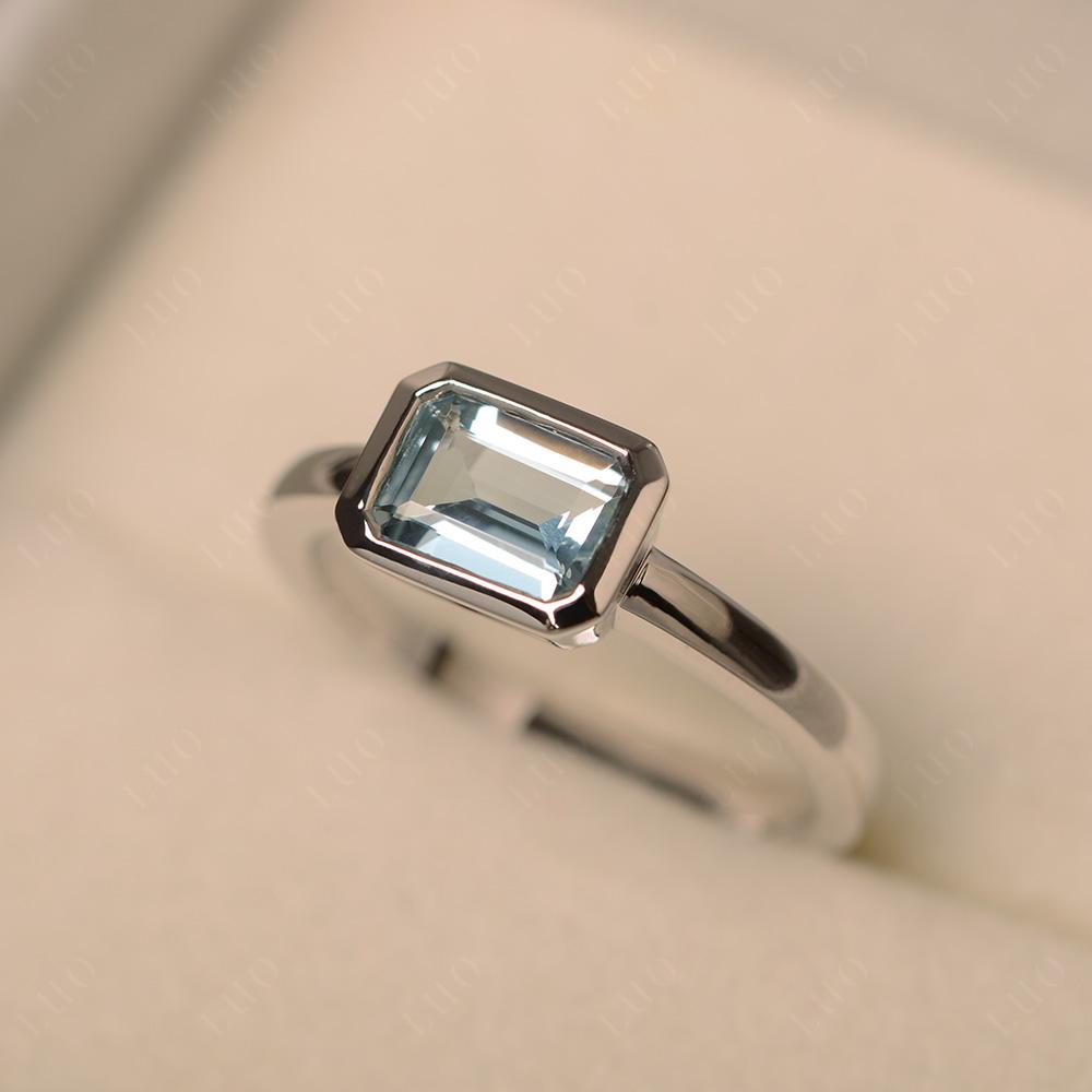 East West Emerald Cut Aquamarine Bezel Ring - LUO Jewelry 