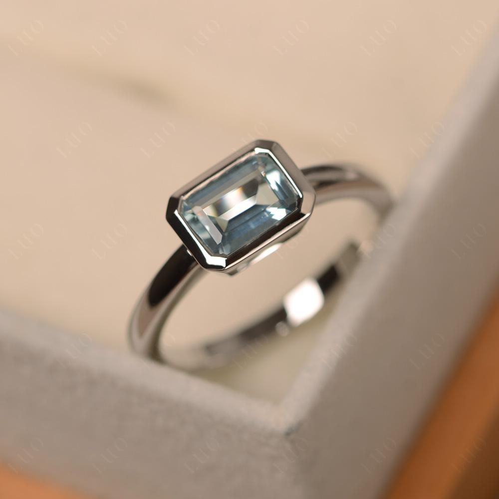 East West Emerald Cut Aquamarine Bezel Ring - LUO Jewelry 