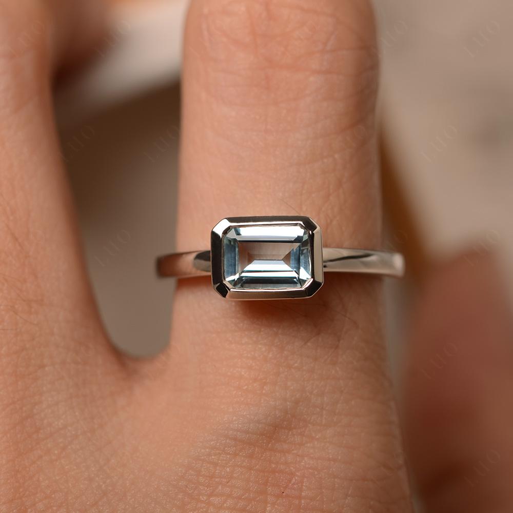 East West Emerald Cut Aquamarine Bezel Ring - LUO Jewelry 