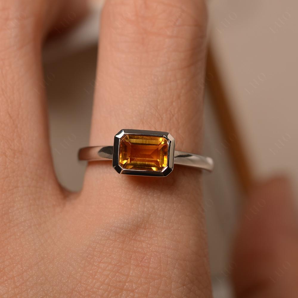 East West Emerald Cut Citrine Bezel Ring - LUO Jewelry 