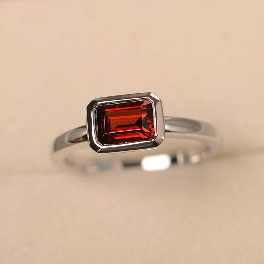 East West Emerald Cut Garnet Bezel Ring - LUO Jewelry 