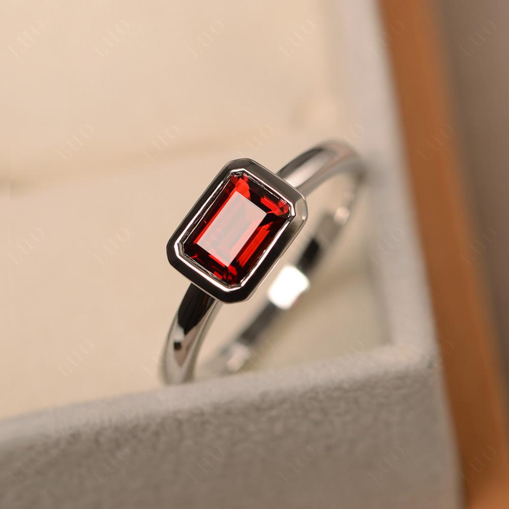 East West Emerald Cut Garnet Bezel Ring - LUO Jewelry 