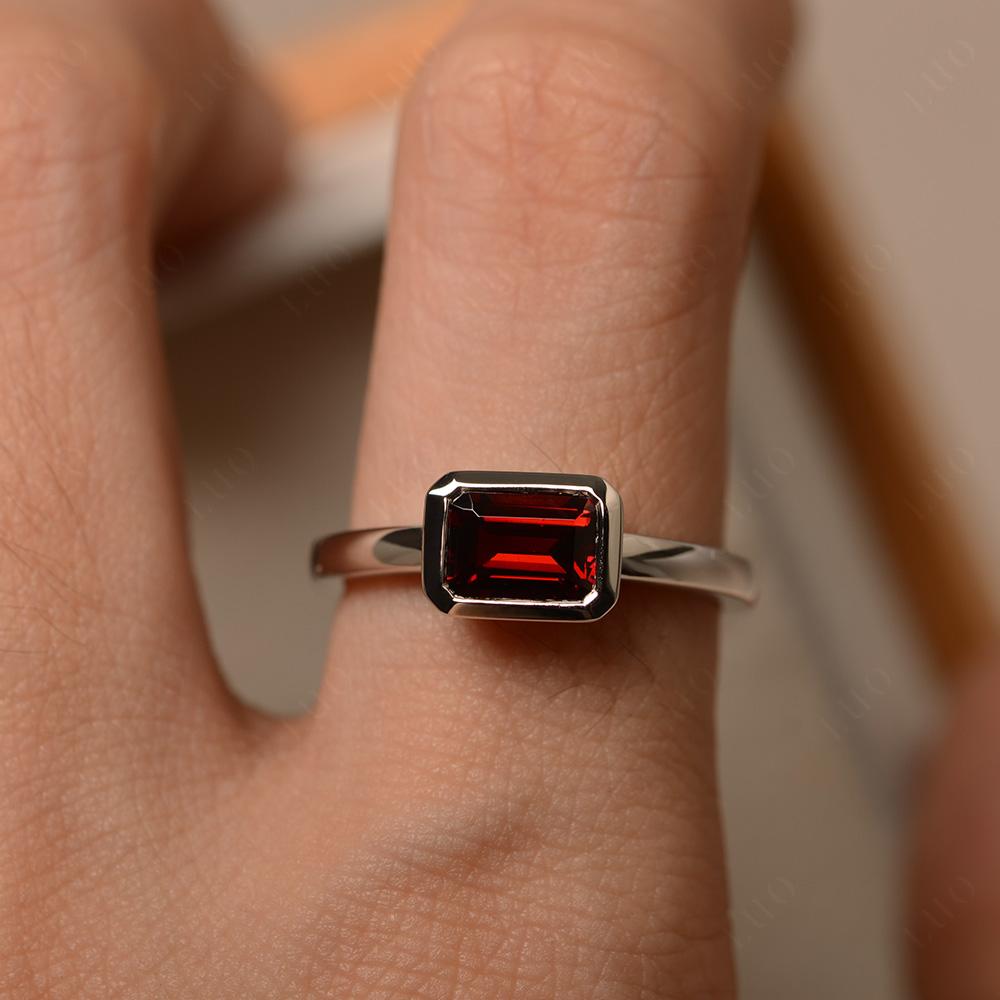 East West Emerald Cut Garnet Bezel Ring - LUO Jewelry 