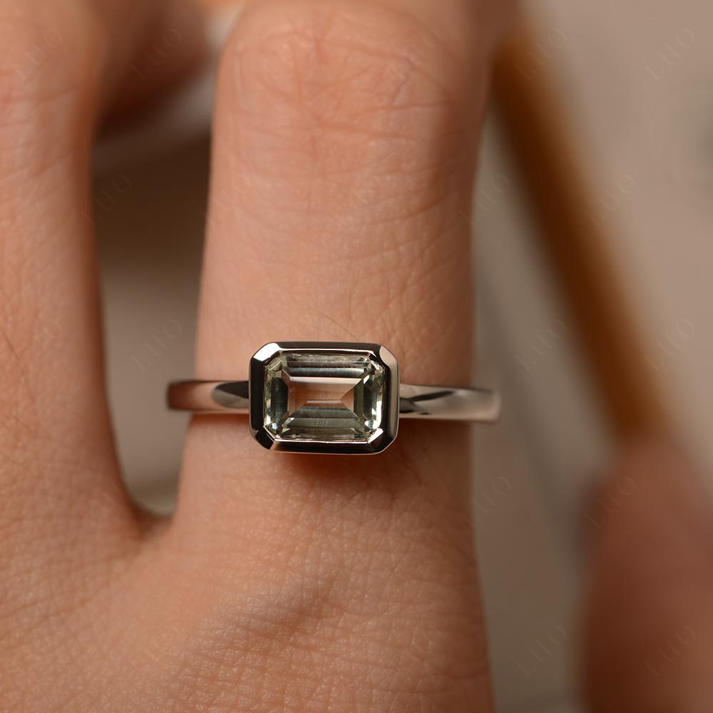 Green Amethyst Bezel Emerald Cut Engagement Ring - LUO Jewelry 