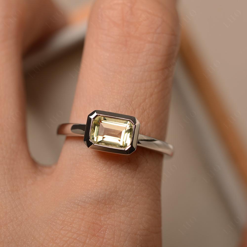 East West Emerald Cut Lemon Quartz Bezel Ring - LUO Jewelry 