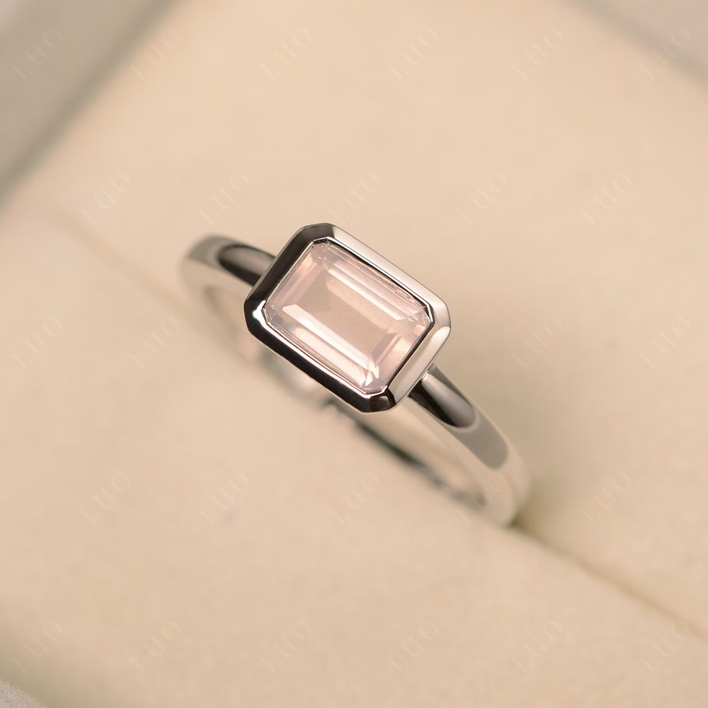 East West Emerald Cut Rose Quartz Bezel Ring - LUO Jewelry 