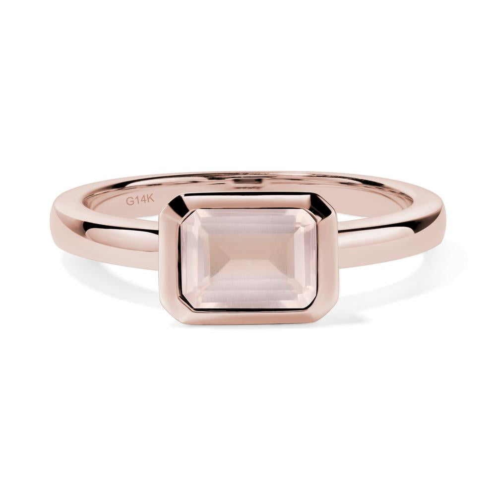 East West Emerald Cut Rose Quartz Bezel Ring - LUO Jewelry #metal_14k rose gold