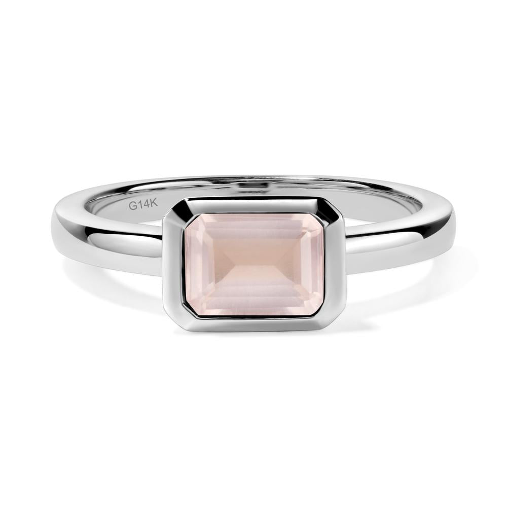 East West Emerald Cut Rose Quartz Bezel Ring - LUO Jewelry #metal_14k white gold