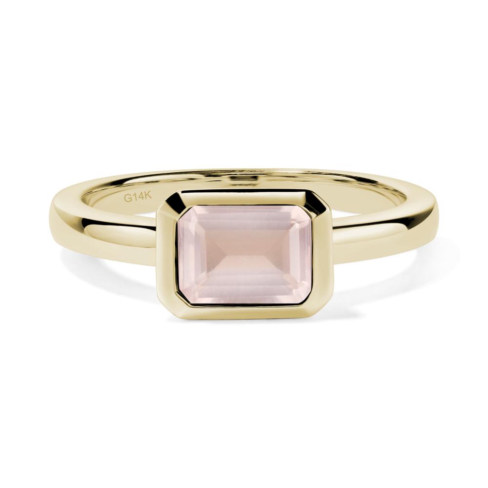 East West Emerald Cut Rose Quartz Bezel Ring - LUO Jewelry #metal_14k yellow gold