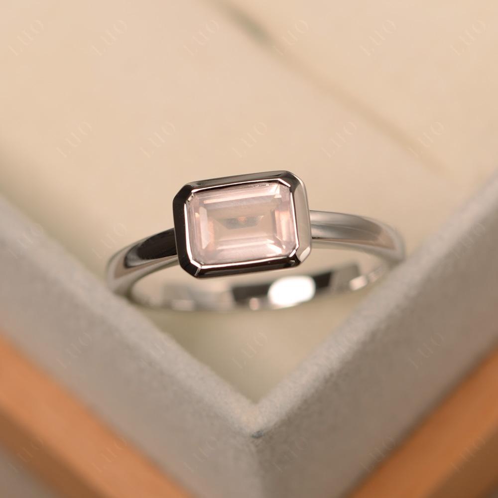 East West Emerald Cut Rose Quartz Bezel Ring - LUO Jewelry 