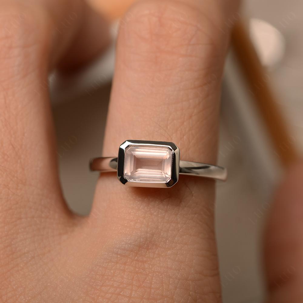 East West Emerald Cut Rose Quartz Bezel Ring - LUO Jewelry 