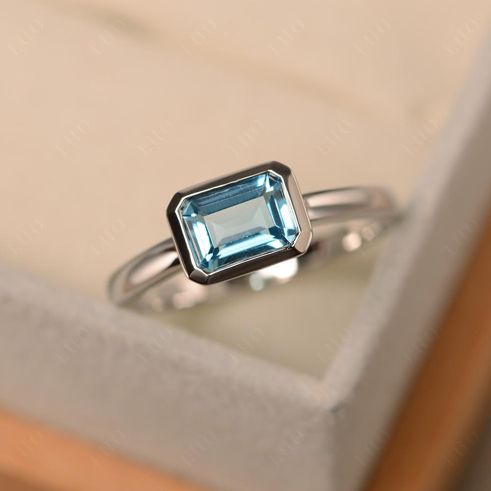 East West Emerald Cut Swiss Blue Topaz Bezel Ring - LUO Jewelry 