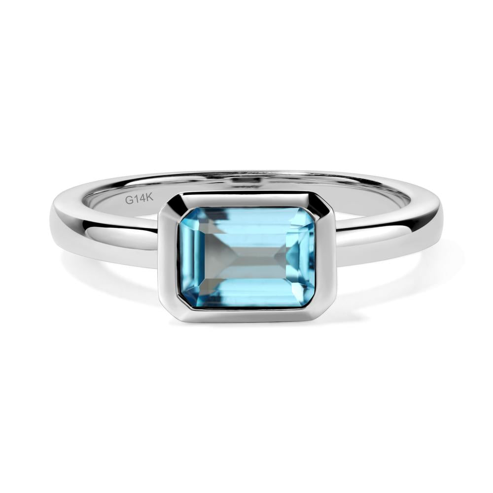 East West Emerald Cut Swiss Blue Topaz Bezel Ring - LUO Jewelry #metal_14k white gold