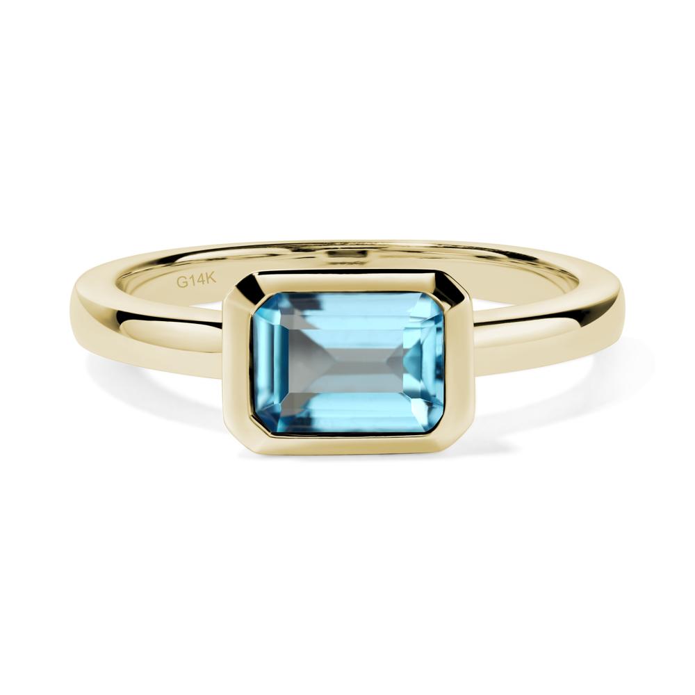 East West Emerald Cut Swiss Blue Topaz Bezel Ring - LUO Jewelry #metal_14k yellow gold