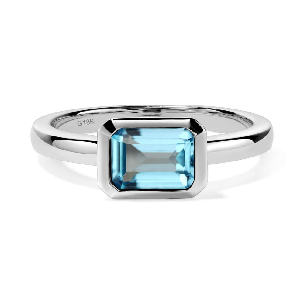 East West Emerald Cut Swiss Blue Topaz Bezel Ring - LUO Jewelry #metal_18k white gold