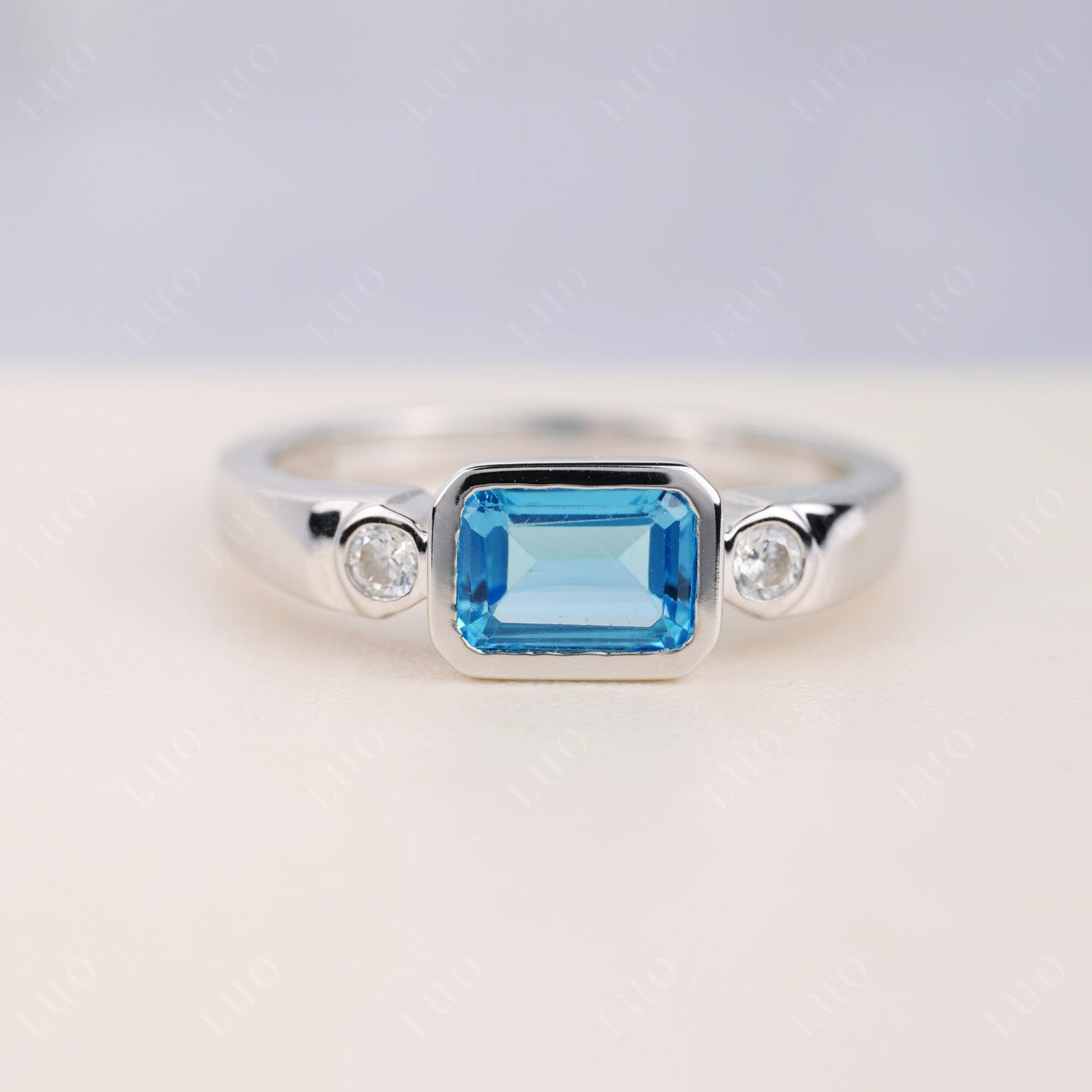 Swiss Blue Topaz Bezel Emerald Cut Ring - LUO Jewelry 