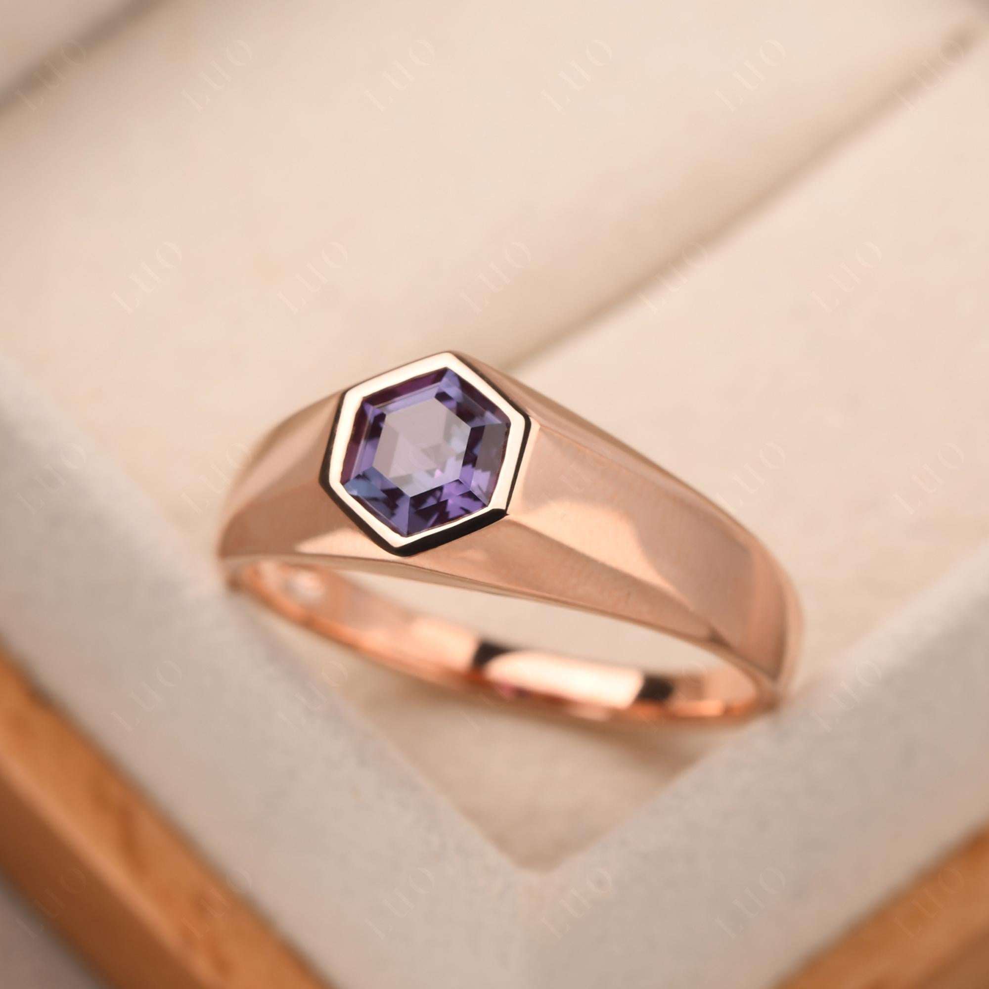 Hexagon Alexandrite Bezel Men's Ring - LUO Jewelry 