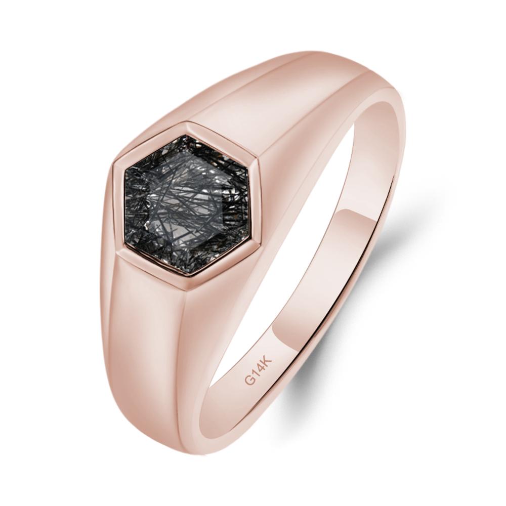 Hexagon Black Rutilated Quartz Bezel Men's Ring - LUO Jewelry #metal_14k rose gold