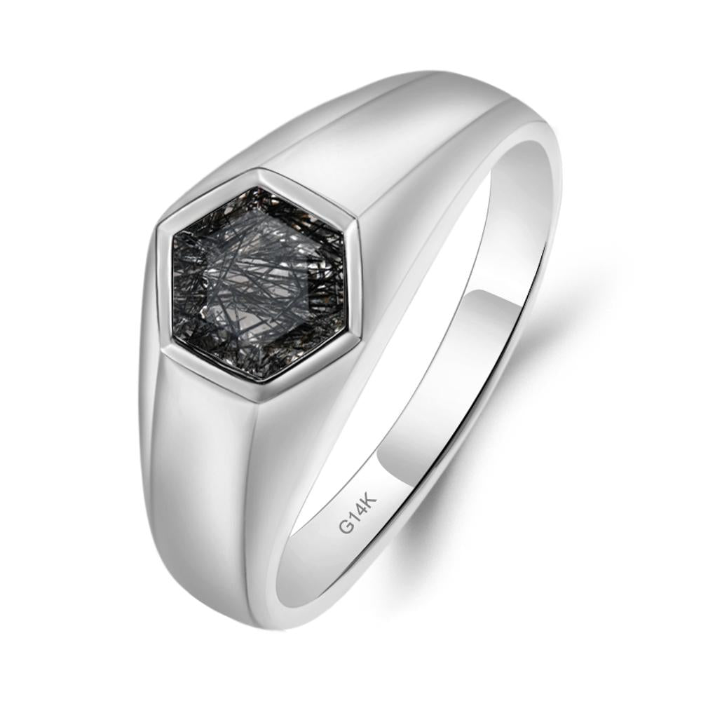 Hexagon Black Rutilated Quartz Bezel Men's Ring - LUO Jewelry #metal_14k white gold