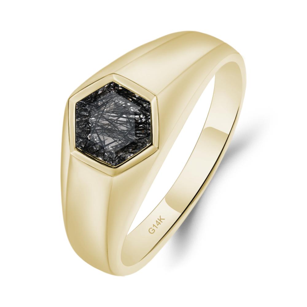 Hexagon Black Rutilated Quartz Bezel Men's Ring - LUO Jewelry #metal_14k yellow gold