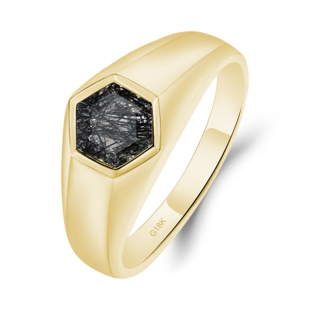 Hexagon Black Rutilated Quartz Bezel Men's Ring - LUO Jewelry #metal_18k yellow gold