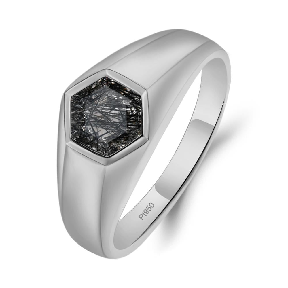 Hexagon Black Rutilated Quartz Bezel Men's Ring - LUO Jewelry #metal_platinum