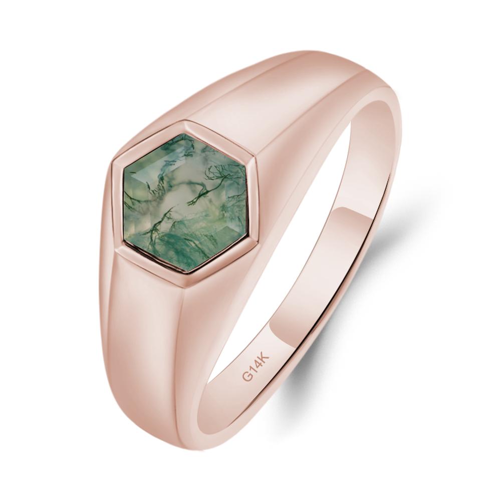 Hexagon Moss Agate Bezel Men's Ring - LUO Jewelry #metal_14k rose gold