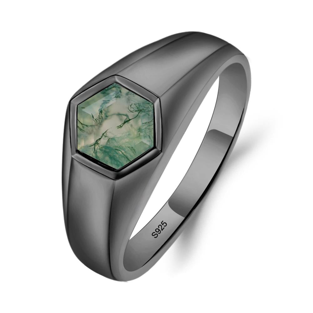 Hexagon Moss Agate Bezel Men's Ring - LUO Jewelry #metal_black finish sterling silver