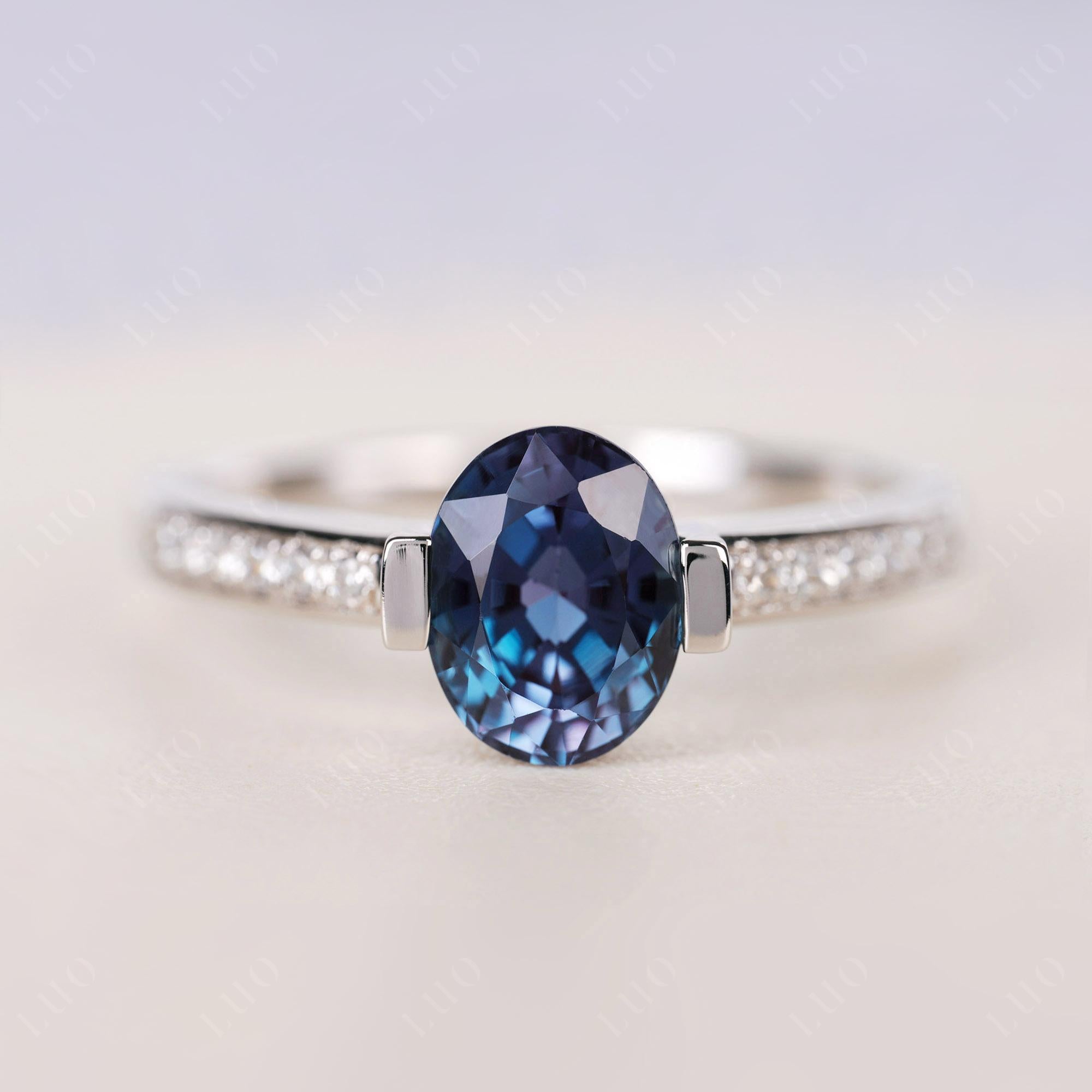 Oval Alexandrite Engagement Ring Half Bezel Set | LUO Jewelry